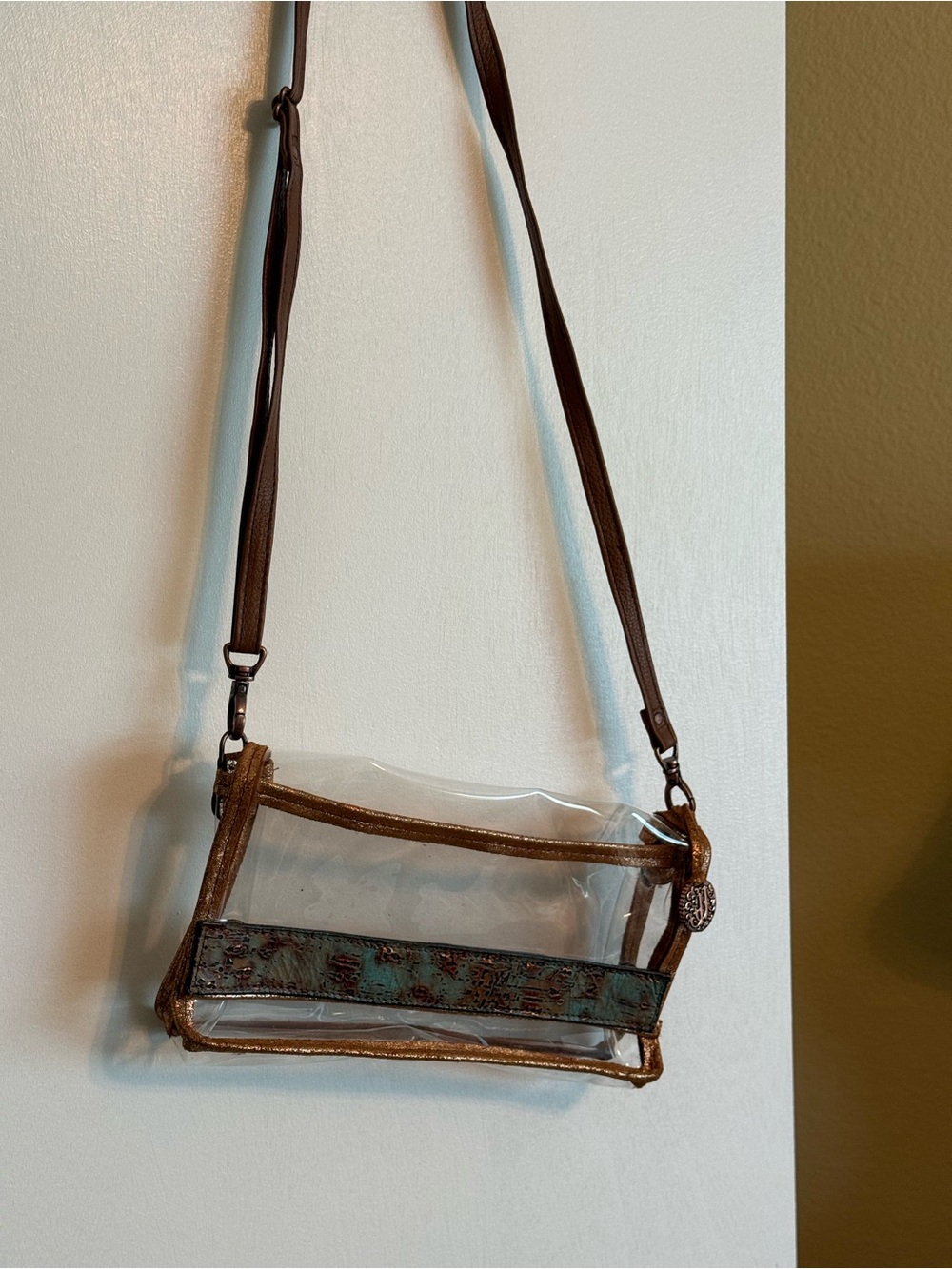 Clear Crossbody Double J Bag with Brown Trim and Turquoise Accent
